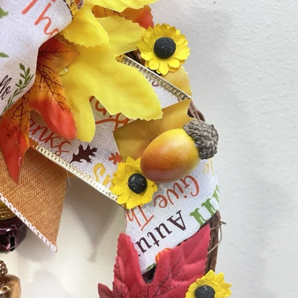 New Hand Made Autumn Wreath Hello Fall‎ Acorns Sunflowers Bells Bow
